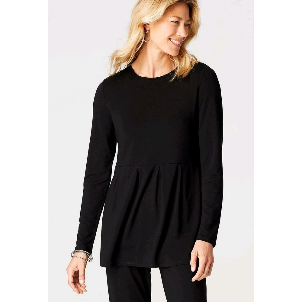 J. Jill Wearever Black Empire Waist Pleated Tunic Top Long Sleeve Knit Medium